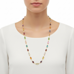 14K Gold Muff Chain Necklace | Handcrafted UK | 40 Natural Semi-Precious Stones | 50cm Luxury Gold Necklace