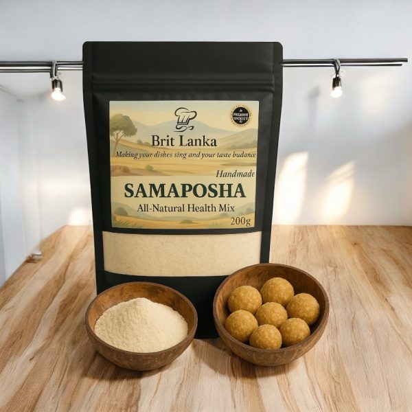 Handmade Samaposha Powder 200g – Traditional Sri Lankan multigrain health mix in yellow packaging with cereal balls and porridge