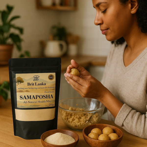 Close-up of Samaposha Powder 200g pack featuring a family enjoying a nutritious meal, with images of cereal balls and porridge.