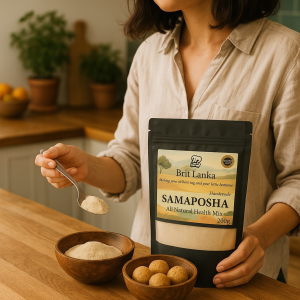 Handmade Samaposha Powder 200g – Traditional Sri Lankan multigrain health mix in yellow packaging with cereal balls and porridge